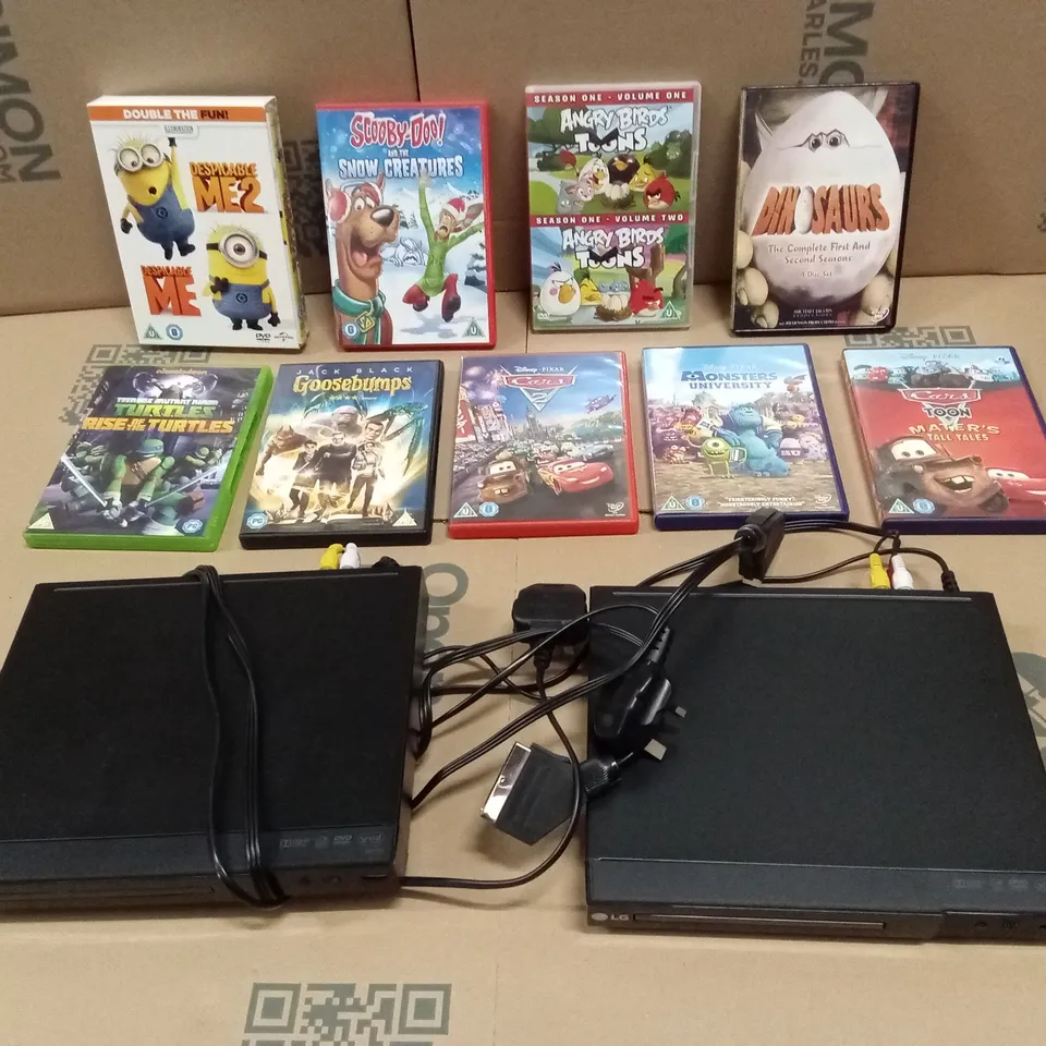 BOX TO CONTAIN A LARGE NUMBER OF ANIMATED & KIDS FILMS, INCLUDING DVD PLAYERS