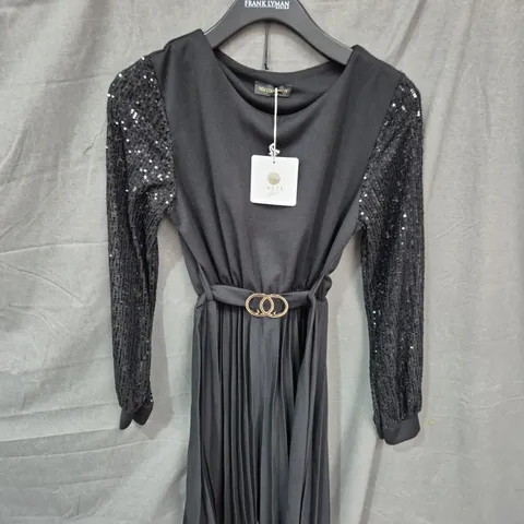 BLACK SEQUIN-SLEEVE DRESS WITH GOLD BELT – WOMEN'S EVENING WEAR - SIZE UNSPECIFIED