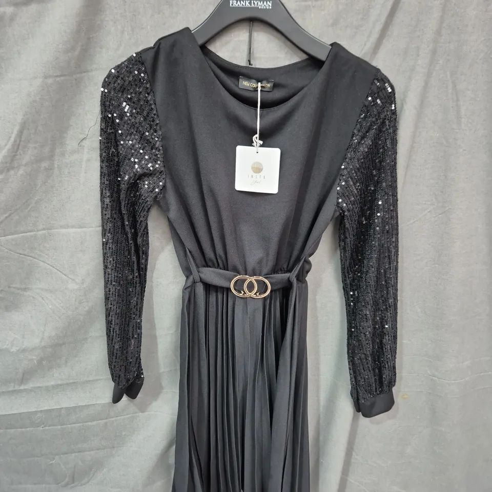 BLACK SEQUIN-SLEEVE DRESS WITH GOLD BELT – WOMEN'S EVENING WEAR - SIZE UNSPECIFIED