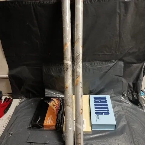 BOX OF APPROXIMATELY 20 ASSORTED HOUSEHOLD ITEMS INCLUDING WALLPAPERS, 100% SILK EYE MASK, RECORD CARDS PACK OF 3 AND ACRYLIC MARKER SET