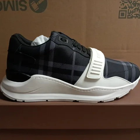 BOXED PAIR OF BURBERRY CHECK PATTERN SNEAKERS – UK SIZE 10