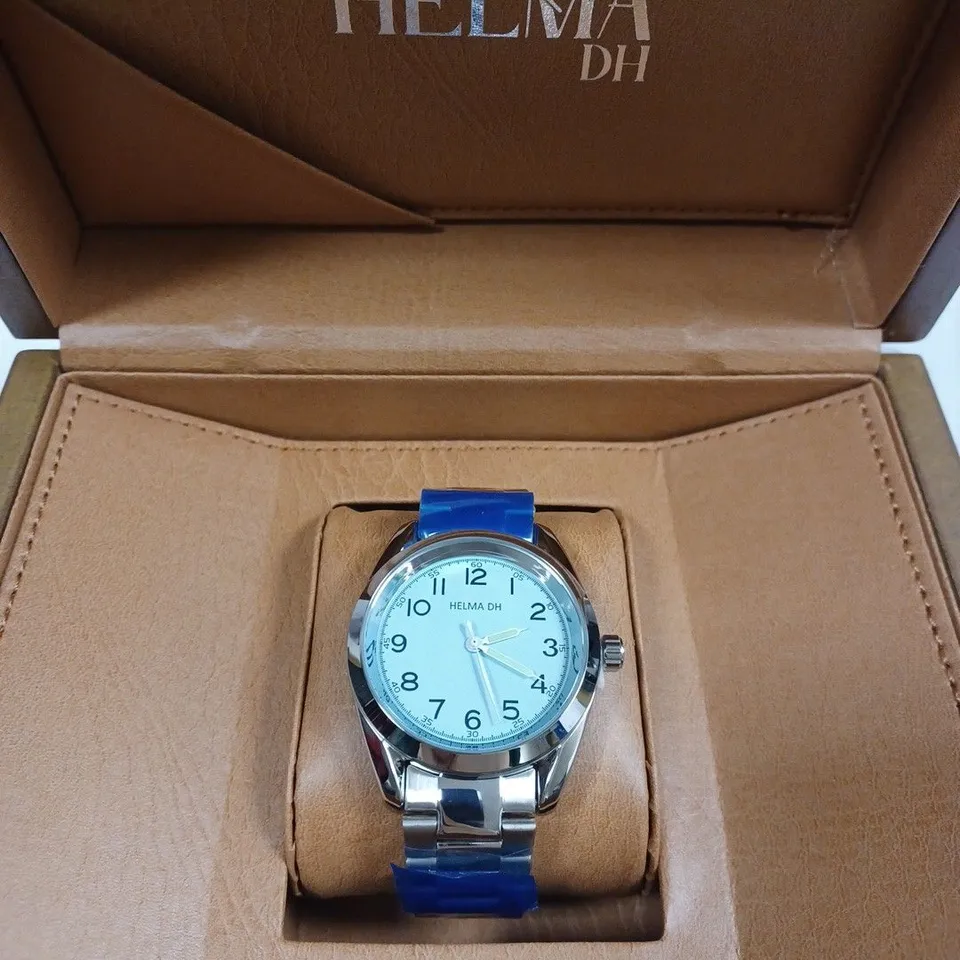 HELMA DH BLUE DIAL SILVER STAINLESS STEEL BRACELET STRAP WRISTWATCH