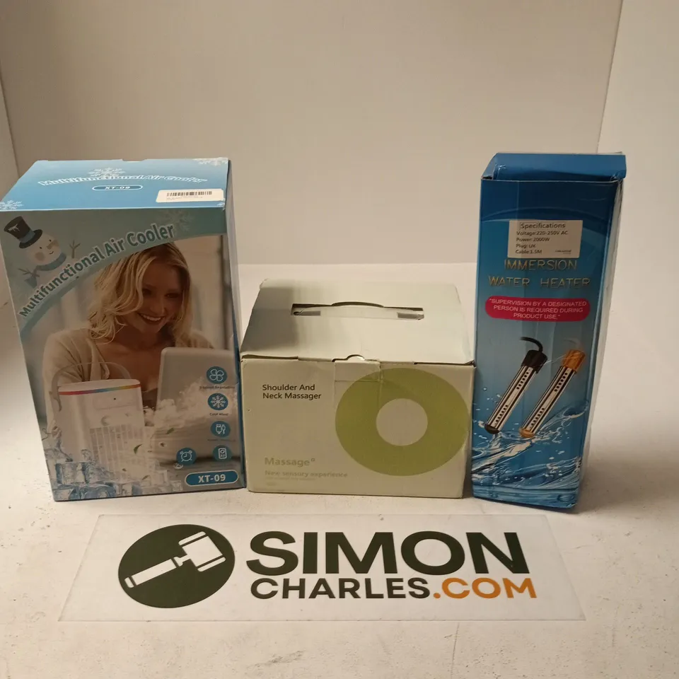 APPROXIMATELY 15 ASSORTED ELECTRICAL ITEMS TO INCLUDE MULTIFUNCTIONAL AIR COOLER, SHOULDER AND NECK MASSAGER, IMMERSION WATER HEATER, ETC - COLLECTION ONLY 