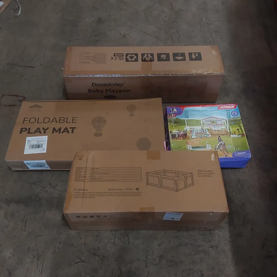 PALLET OF ASSORTED ITEMS TO INCLUDE: PLAYPENS, PLAYMAT, KIDS HORSE CLUB TOY ECT