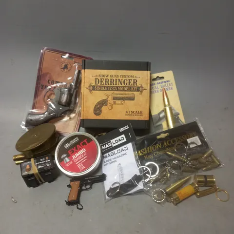 APPROXIMATELY 15 ASSORTED ITEMS TO INCLUDE - COWBOY TOY CAP GUN - JSB MATCH EAXACT JUMBO DIABLO AIRGUN PELLETS - NORDIC DESTROYER COPPER PLATED PELLETS - ETC