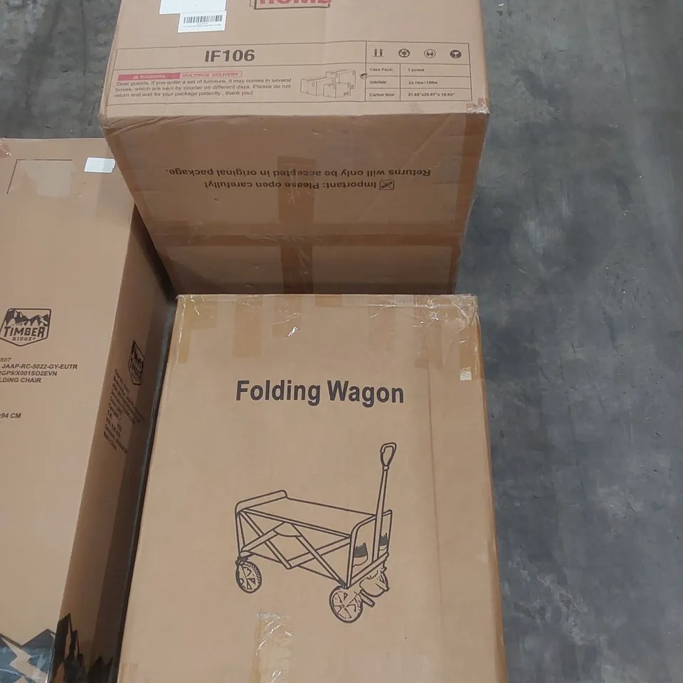 PALLET OF ASSORTED HOUSEHOLD ITEMS AND CONSUMER PRODUCTS TO INCLUDE; TIMBER RIDGE CAMPING WAGON & FOLDING CHAIR, INDUCTION STOVE, BAR STOOL, FOLDING WAGON, BOXED FURNITURE ETC 