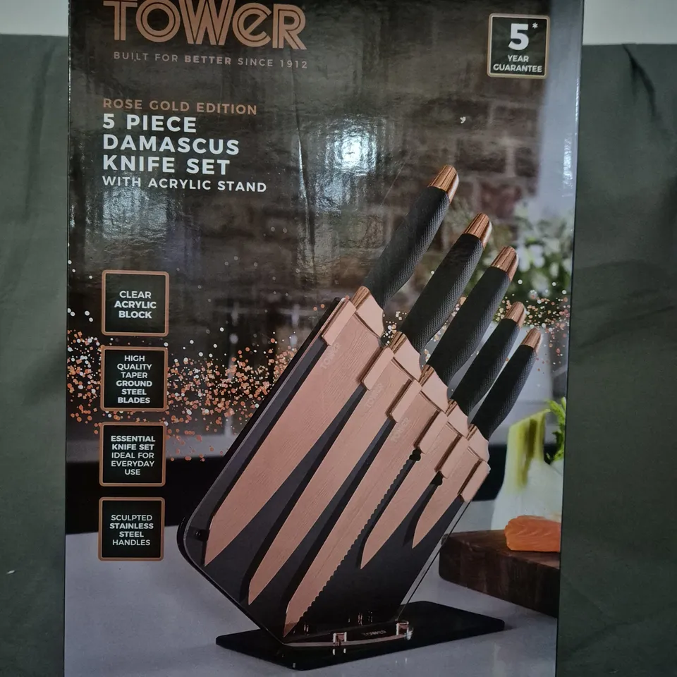 BOXED TOWER ROSE GOLD EDITION 5 PIECE DAMASCUS KNIFE SET W. ACRYLIC STAND - COLLECTION ONLY