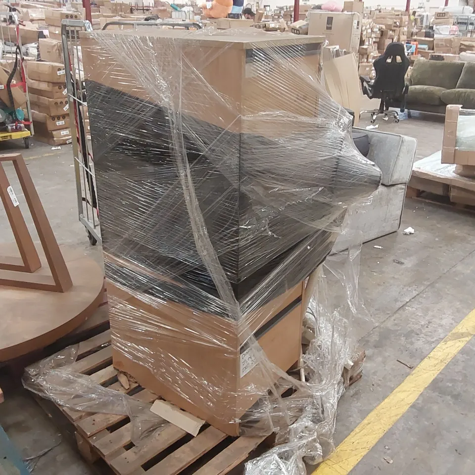 PALLET CONTAINING 1 WOODEN FILING CABINET AND 3 FANS 