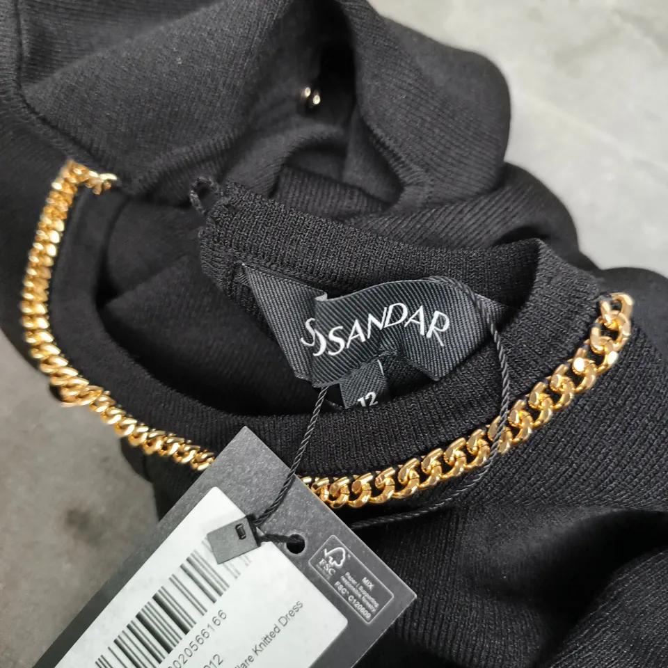 SOSANDER  BUTTON & CHAIN DETAIL FIT & FLARE KNITTED DRESS IN BLACK - SIZE 12