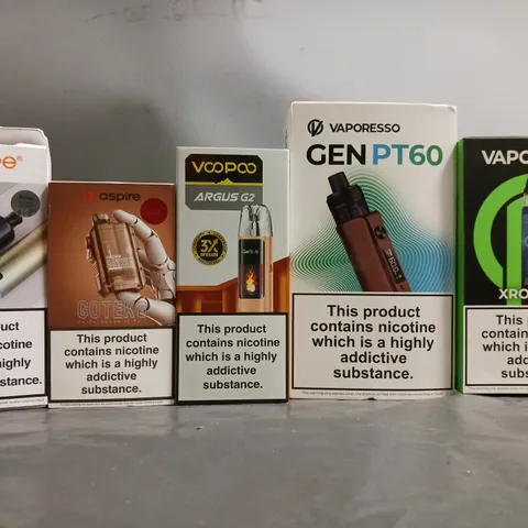 BOX OF APPROXIMATELY 16 E-CIGARETTES TO INCLUDE VOOPOO, VAPORESSO, ASPIRE 