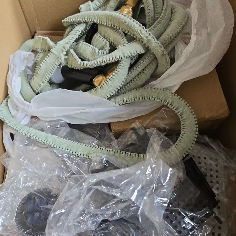 BOX OF APROX 20 HOUSEHOLD ITEMS ASSORTED TO BE INCLUDED A HOSE, GARDEN LIGHTS ETC - COLLECTION ONLY