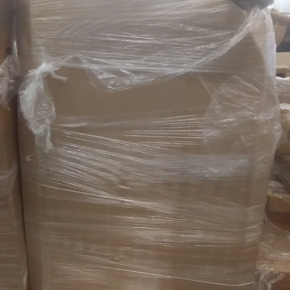 PALLET OF ASSORTED ITEMS INCLUDING TOILET SEAT, PATIO UMBRELLA, FLOATING SHELVES, CURTAIN ROD