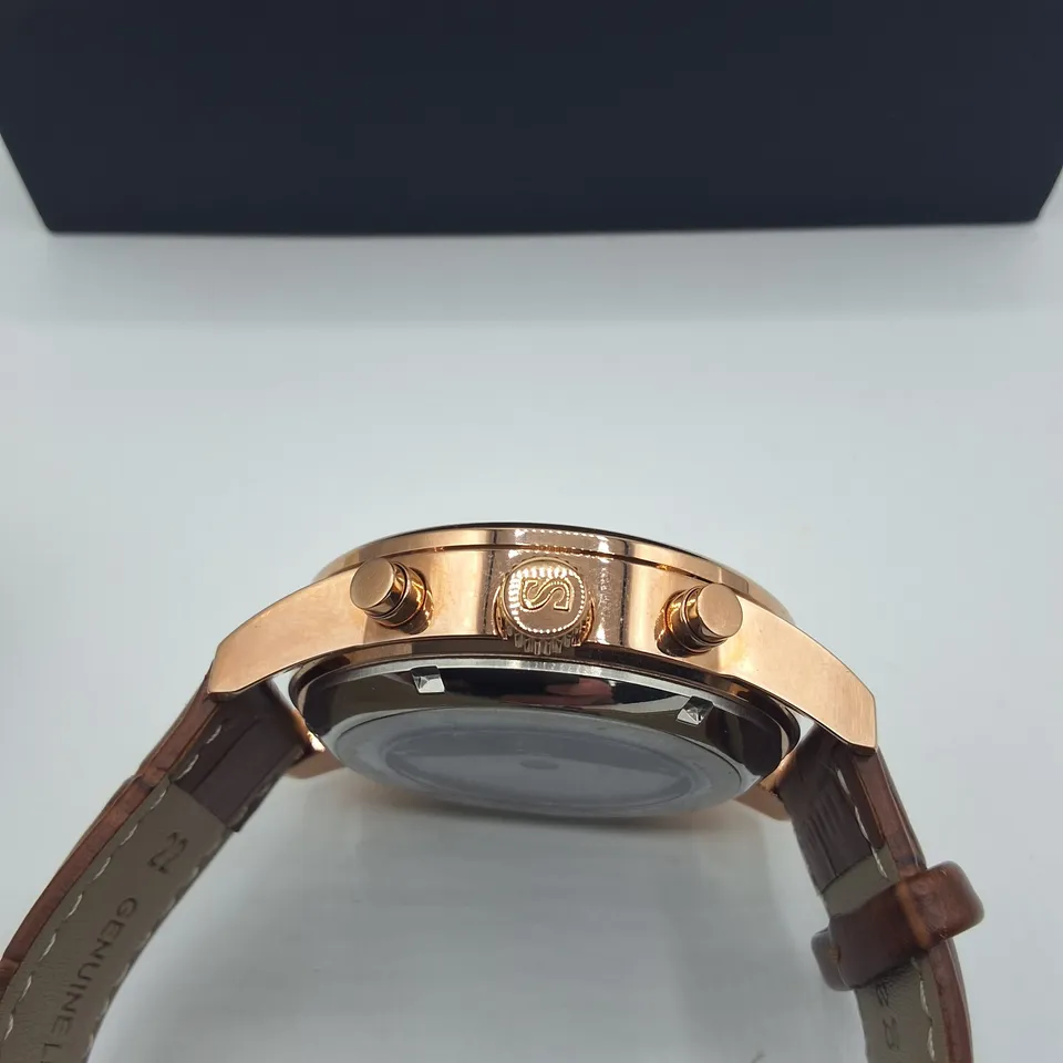 BOXED SWAN & EDGAR WHITE DIAL AUTOMATIC MOONPHASE WATCH WITH BROWN LEATHER STRAP