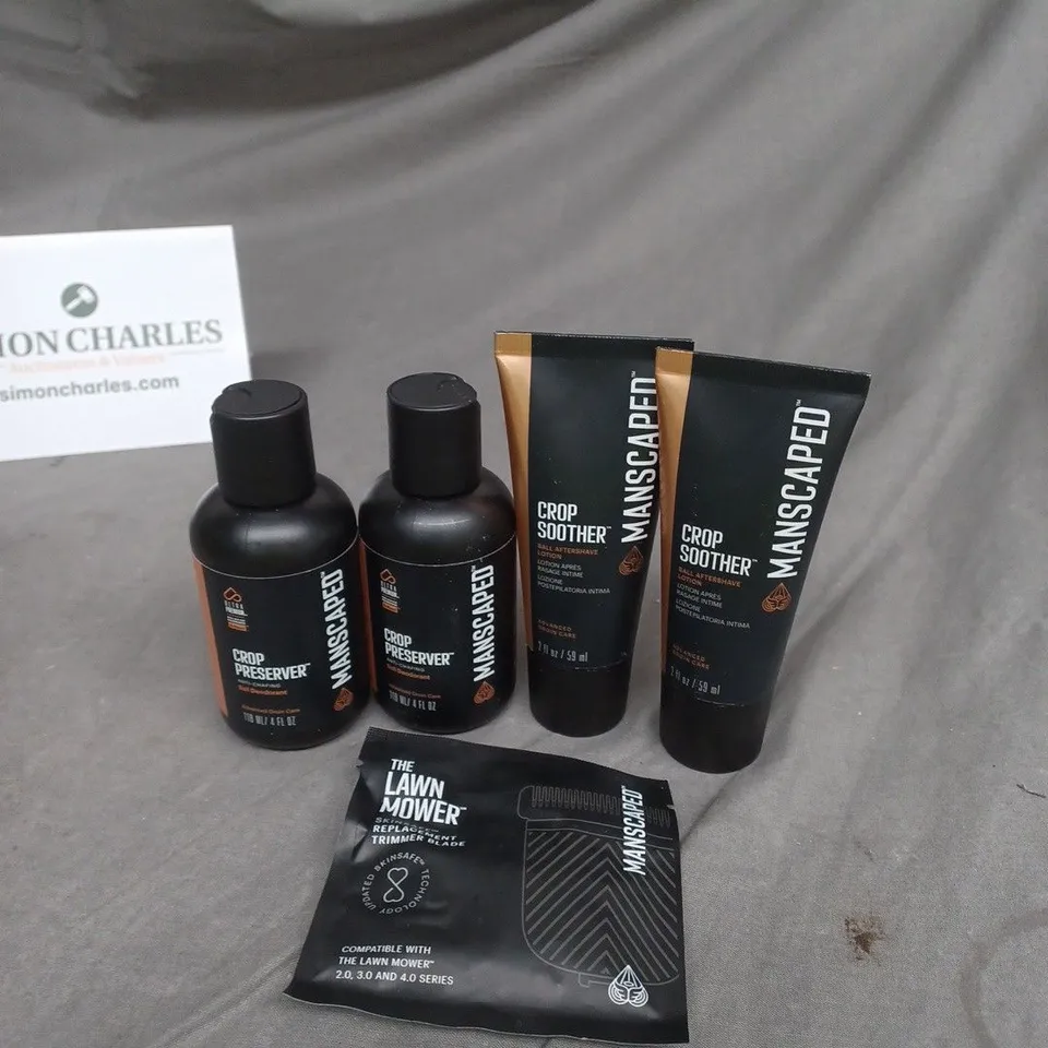 LOT OF 5 MANSCAPED SHAVING PRODUCTS TO INCLUDE REPLACEMENT TRIMMER AND CROP PRESERVER