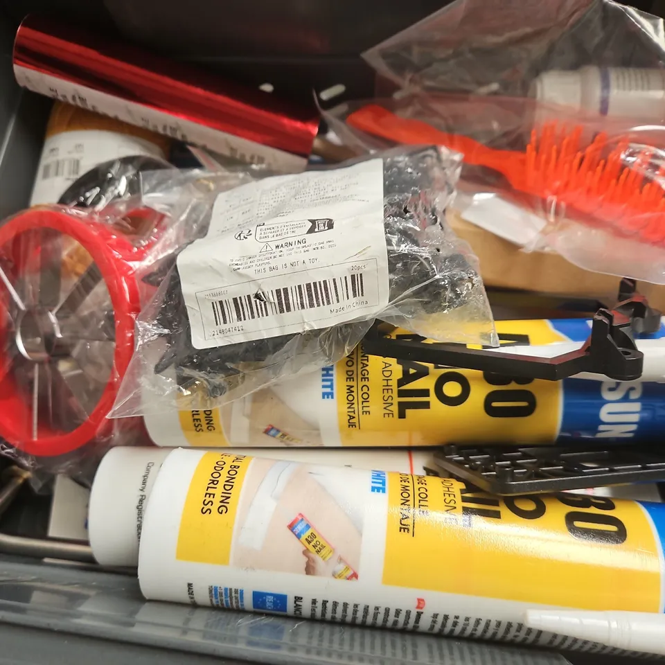 APPROXIMATELY 10 ASSORTED HOUSEHOLD ITEMS TOO INCLUDE ADHESIVE , FOAM MAKER , MINI MASSAGER , ETC 