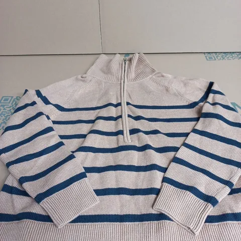BODEN STRIPED KNIT JUMPER WITH ZIP – BEIGE & NAVY