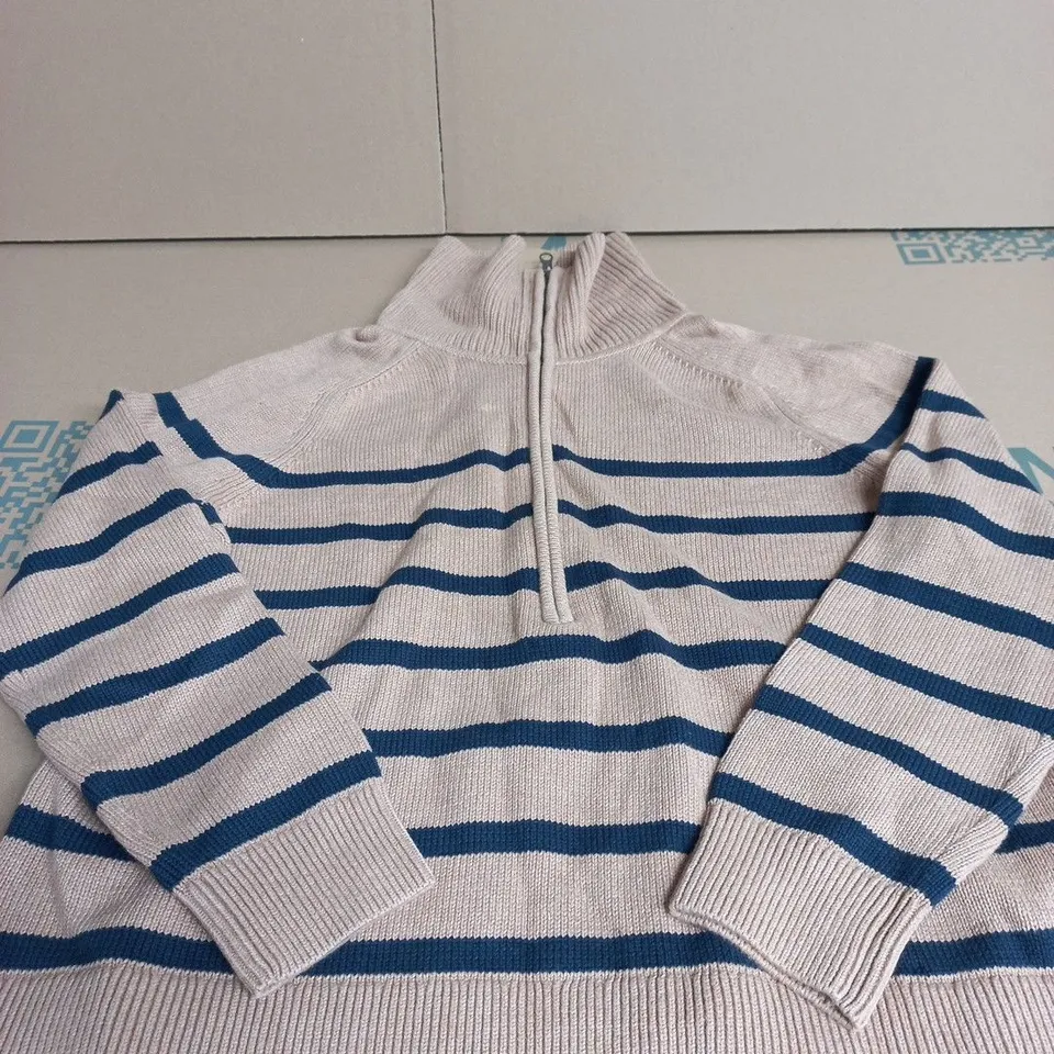 BODEN STRIPED KNIT JUMPER WITH ZIP – BEIGE & NAVY