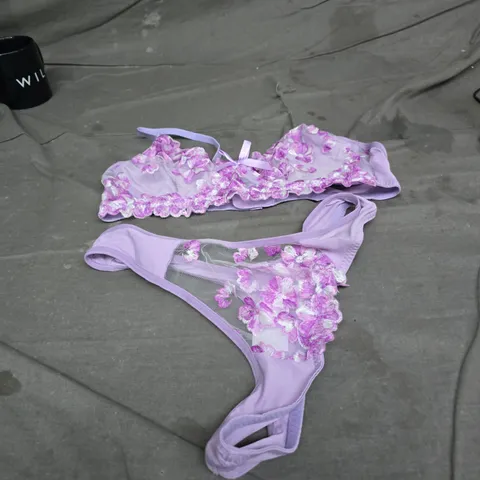 PURPLE FLORAL EMBROIDERED LINGERIE SET – BRA & THONG, SIZE L