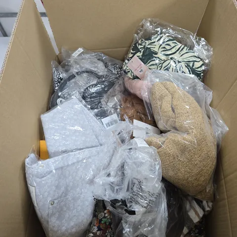 BOX OF APPROXIMATELY 25 ASSORTED CLOTHING ITEMS TO INCLUDE: MARINA KANEVA FRILL BLOUSE