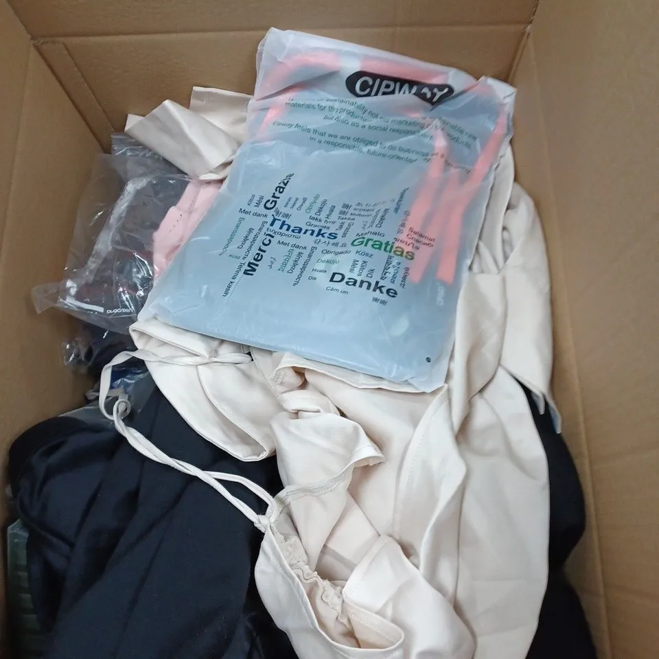 BOX OF ASSORTED CLOTHING ITEMS TO INCLUDE HATS, JEANS, JUMPERS ETC