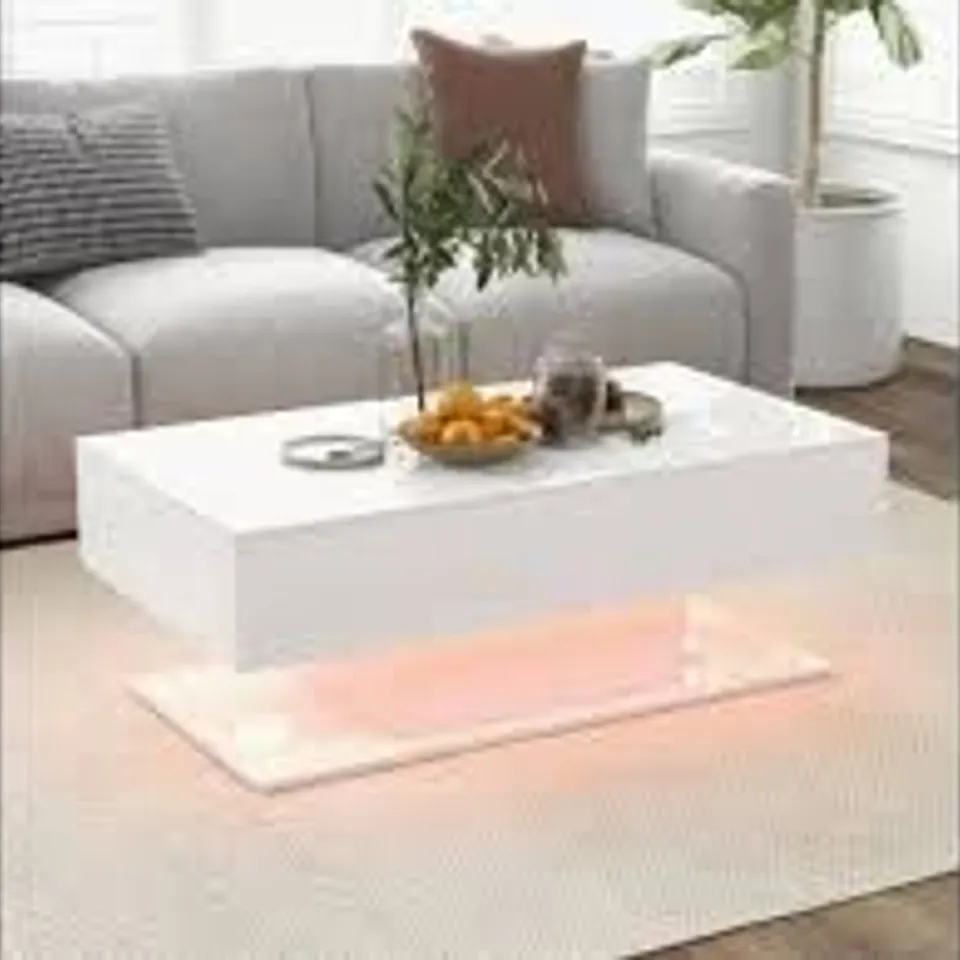 BOXED LED COFFEE TABLE WITH 2 DRAWERS AND REMOTE CONTROL IN WHITE (1 BOX)