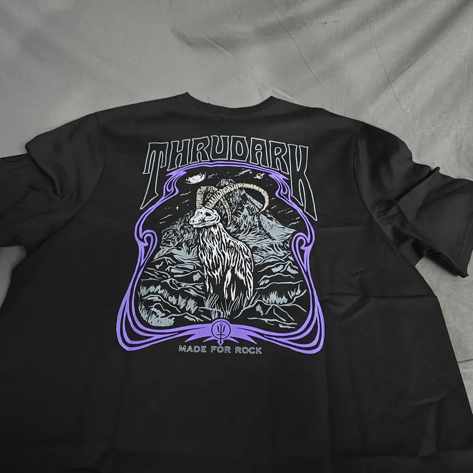 THRUDARK MADE FOR ROCK BLACK T-SHIRT – FRONT CHEST LOGO, LARGE BACK GRAPHIC