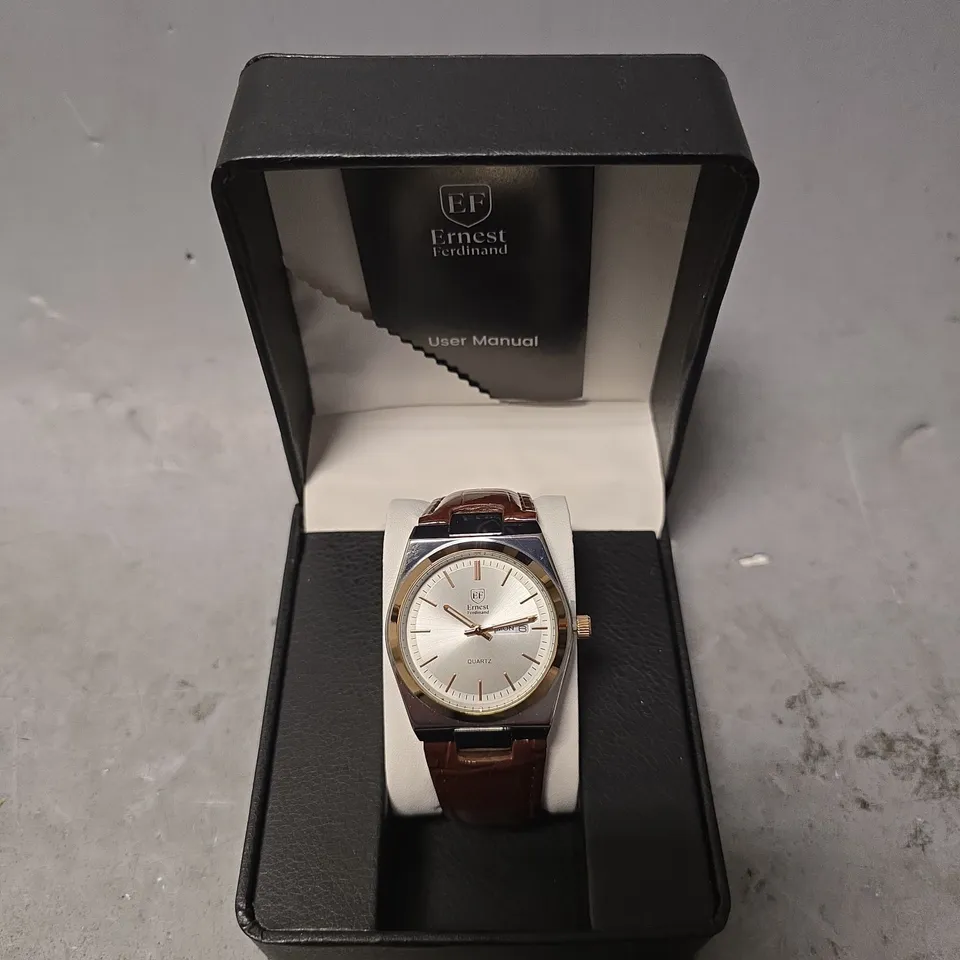 ERNEST FERDINAND WATCH – DAY DATE CALENDAR DIAL – LEATHER STRAP – 3ATM WATER RESISTANT - GIFT BOX