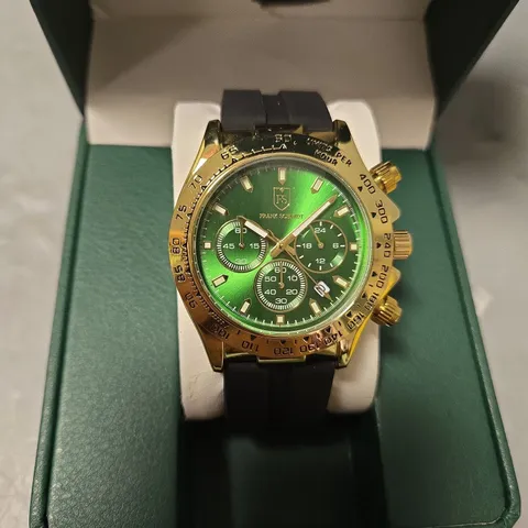 BOXED FRANK SCHMIDT GREEN TRIPLE DIAL SILICONE STRAP WATCH
