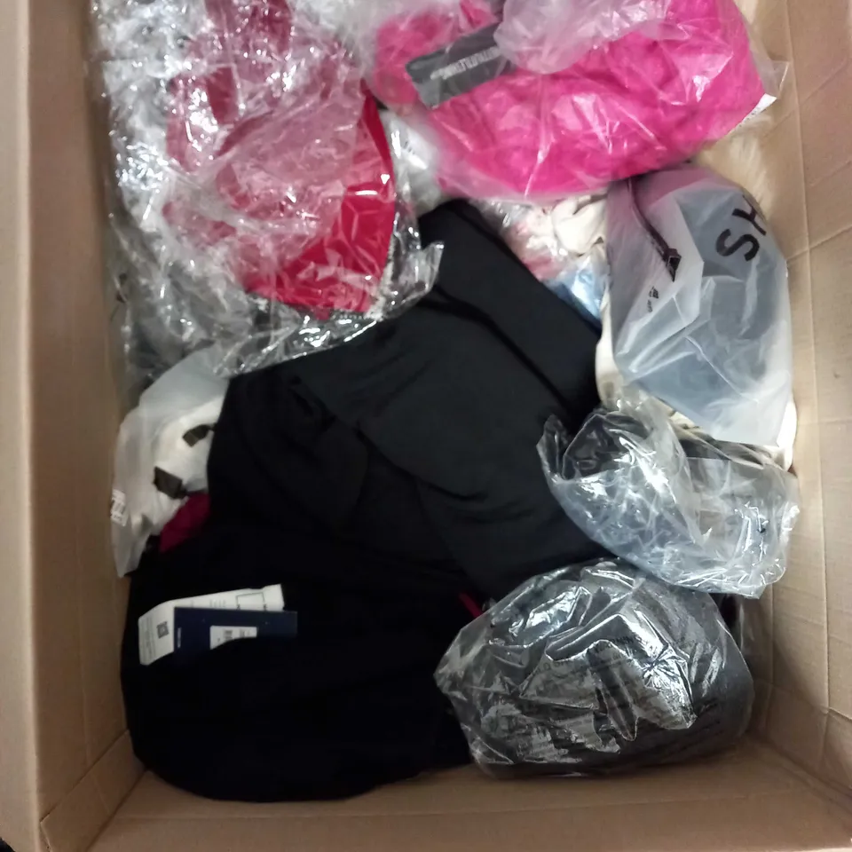  BOX OF ASSORTED CLOTHING ITEMS TOO INCLUDE JUMPERS, SHIRTS AND TROUSERS IN VARIOUS SIZES AND COLOURS   