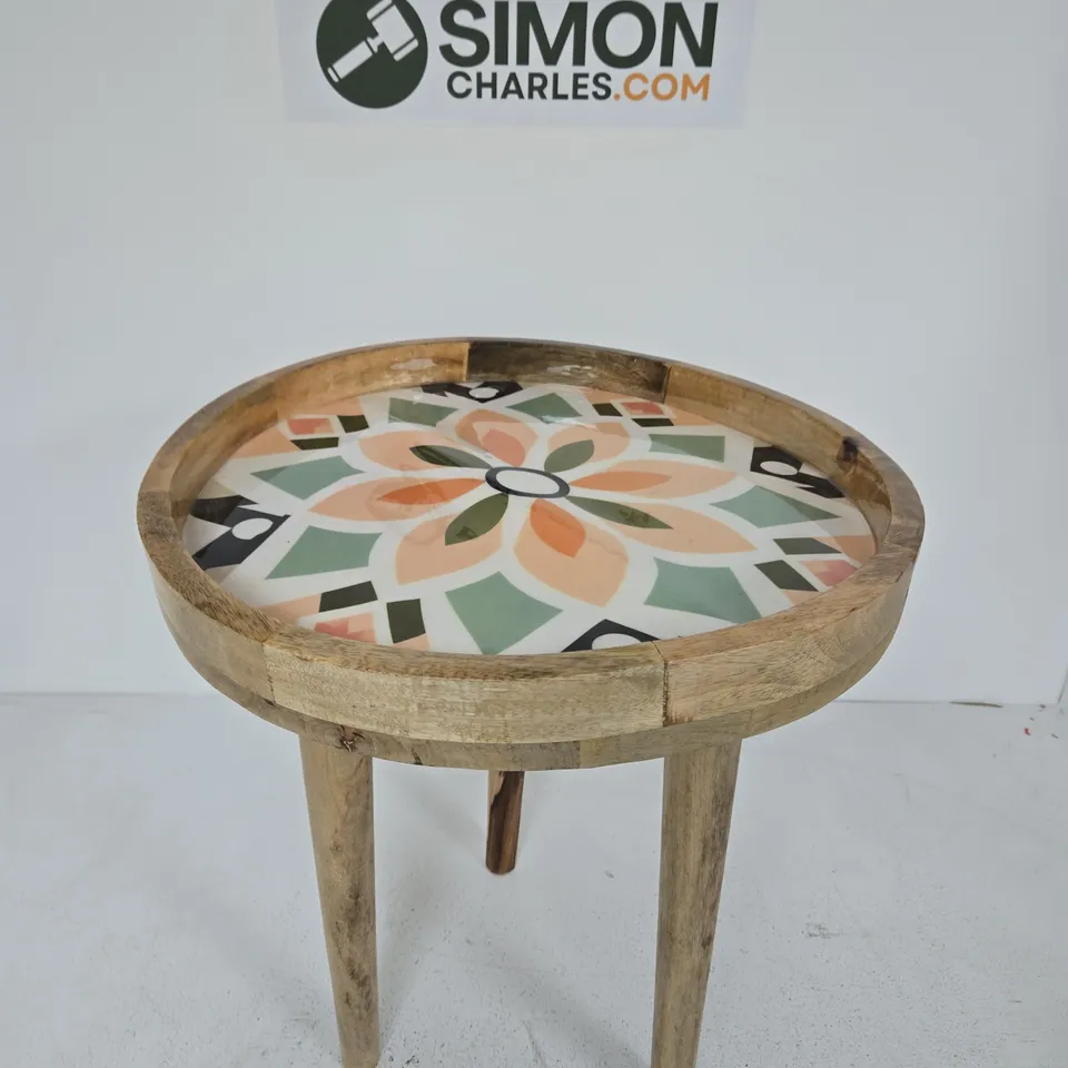 ROUND WOODEN STOOL WITH MOSAIC TILED TOP