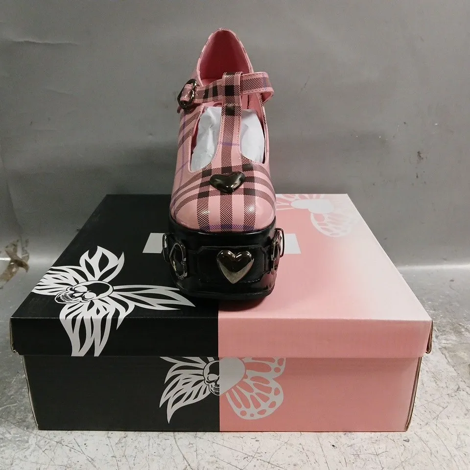 BOXED PAIR OF KOI SWEET APATHY PLAID WEDGE MARY JANES IN PINK SIZE UK 5