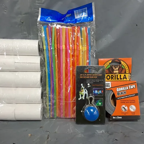 APPROXIMATELY 10 ASSORTED HOUSEHOLD ITEMS TO INCLUDE GORILLA TAPE, CLIP-ON PET SAFETY LIGHT, ETC