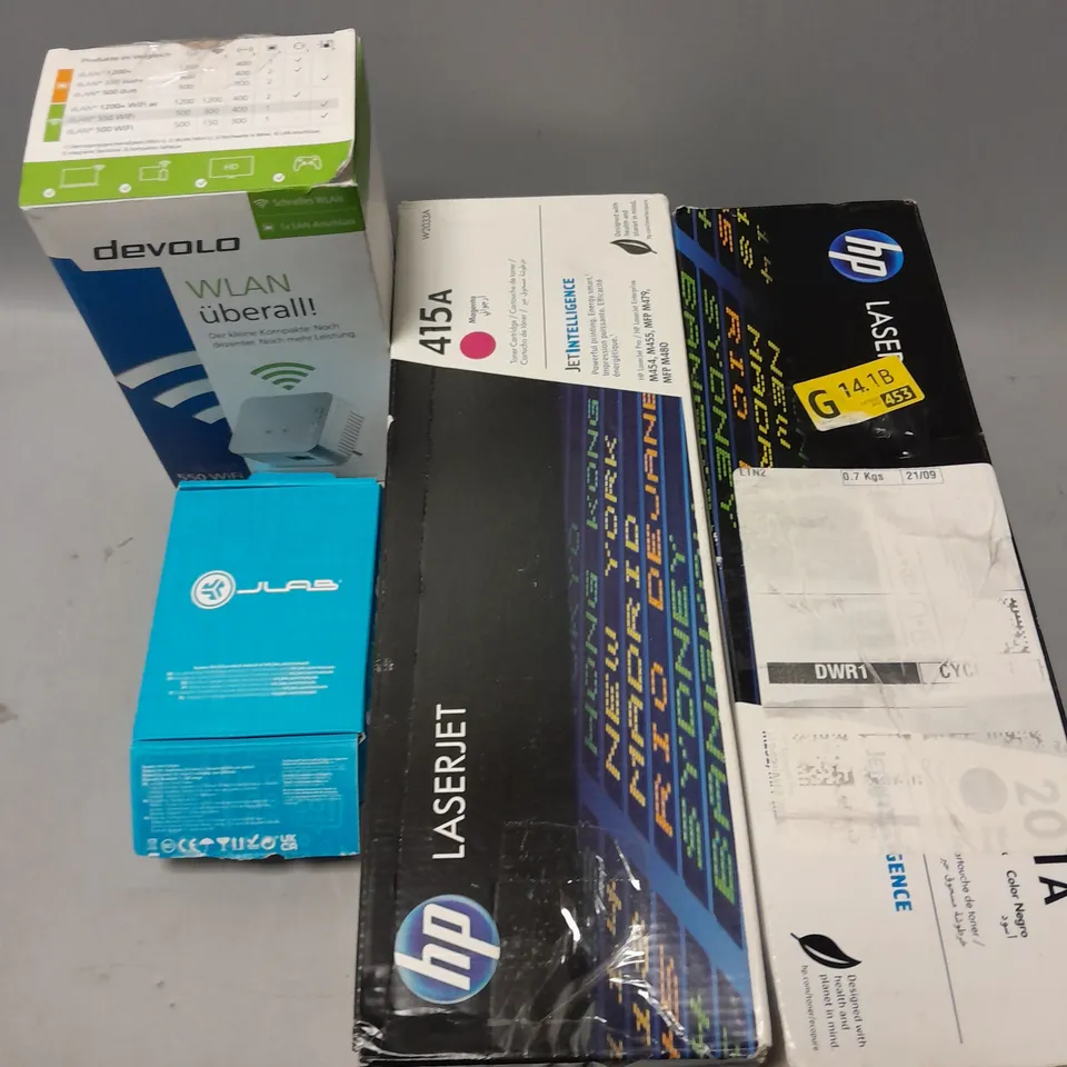 BOX APROX 10 ELECTRICAL ITEMS TO INCLUDE HP TONNERS - SONY HEADPHONES - JLAB ARBUDS