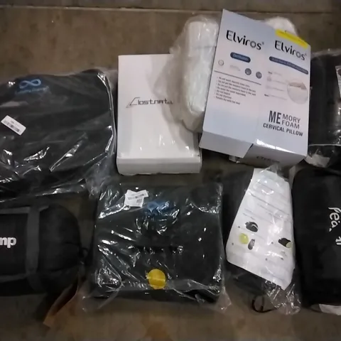 PALLET OF ASSORTED ITEMS INCLUDING ELVIROS MEMORY FOAM CERVICAL PILLOW, INFINITE SEAT CUSHION, INFINITE LUMBAR SUPPORT CUSHION, KING CAMP SLEEPING BAG, NICEEDAY LUMBAR SUPPORT CUSHION 