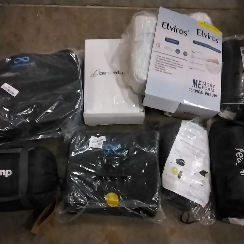 PALLET OF ASSORTED ITEMS INCLUDING ELVIROS MEMORY FOAM CERVICAL PILLOW, INFINITE SEAT CUSHION, INFINITE LUMBAR SUPPORT CUSHION, KING CAMP SLEEPING BAG, NICEEDAY LUMBAR SUPPORT CUSHION 