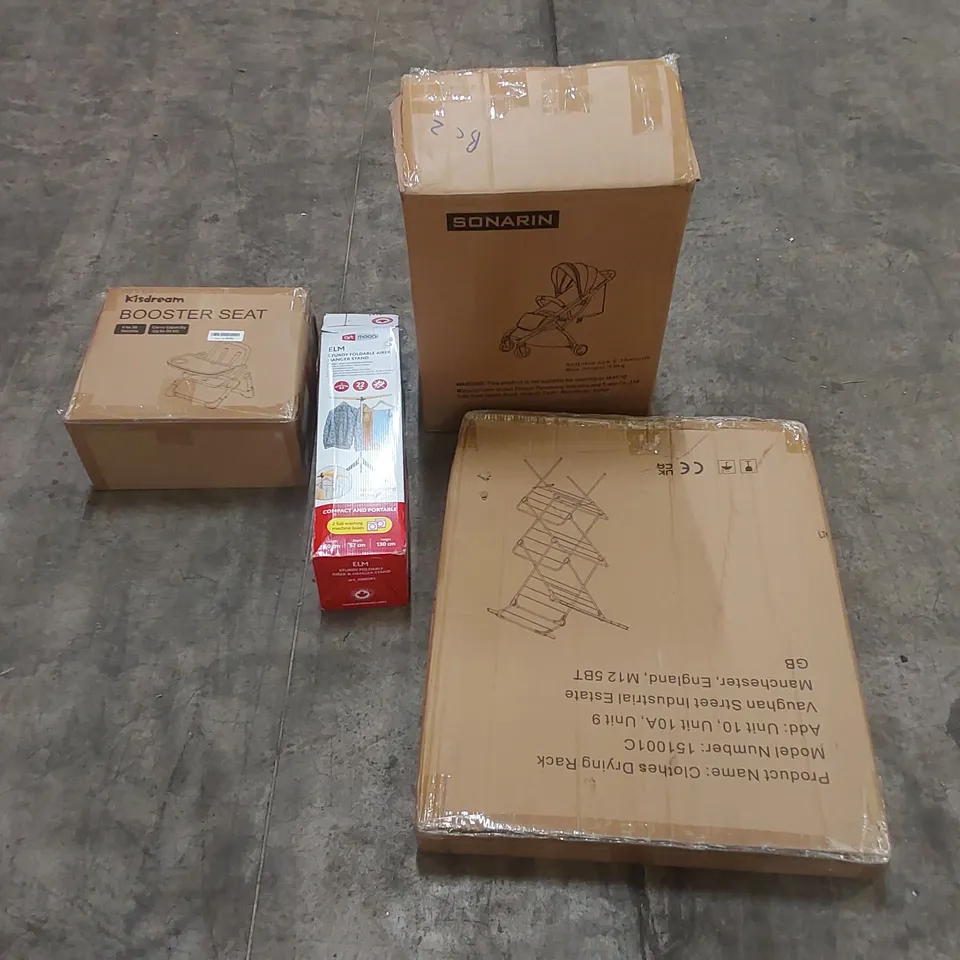 PALLET OF ASSORTED HOUSEHOLD ITEMS AND CONSUMER PRODUCTS TO INCLUDE; STROLLER, CLOTHES DRYING RACK AND AIRER, KIDS BOOSTER SEAT ETC