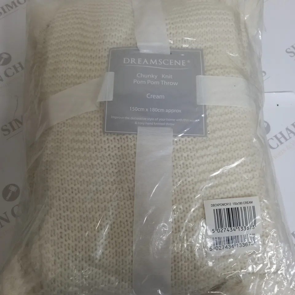 BAGGED DREAMSCENE CHUNKY KNIT POM POM THROW IN CREAM - 150X180CM