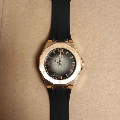BOXED RUCKSTUHL ROSE GOLD TONE OCTAGONAL WRISTWATCH WITH BLACK RUBBER STRAP