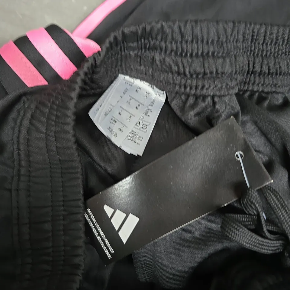 ADIDAS BLACK TRACK PANTS WITH PINK SIDE STRIPES AND JFA CREST - UK XL