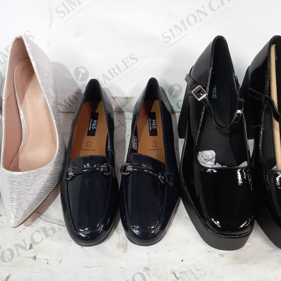 BOX OF APPROXIMATELY 15 ASSORTED PAIRS OF SHOES AND FOOTWEAR ITEMS IN VARIOUS STYLES AND SIZES TO INCLUDE M&S, ASOS DESIGN, PRINCIPLES, ETC
