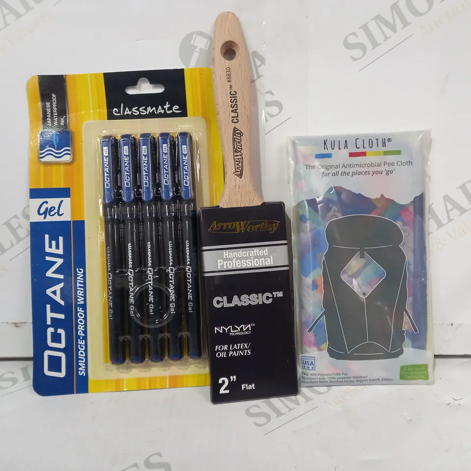 LOT OF APPROXIMATELY 10 ASSORTED HOUSEHOLD ITEMS TO INCLUDE KULA CLOTH, ARROWORTHY OIL PAINT BRUSH, CLASSMATE WATERPROOF WRITING, ETC