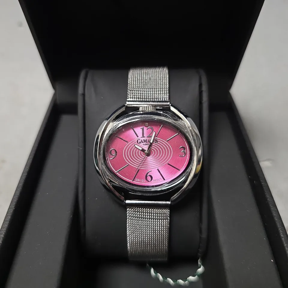BOXED GAMAGES PINK DIAL CURLICUE SILVER WATCH 