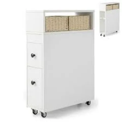 BOXED COSTWAY SLIM BATHROOM FLOOR CABINET, MOBILE NARROW BATHROOM STORAGE UNIT WITH 2 SLIDE OUT DRAWERS