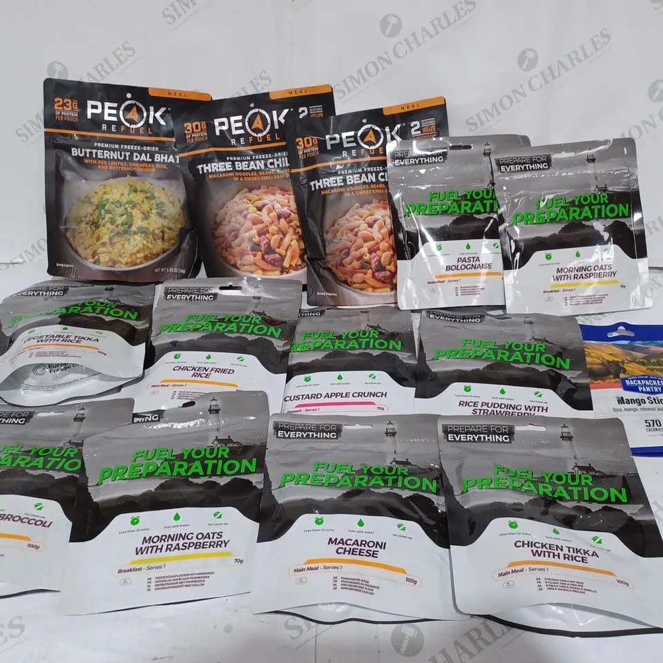 LOT TO CONTAIN APPROX. 14 X ASSORTED PEAK REFUEL & FUEL YOUR PREPARATION BULK CAMPING READY MEALS. MEALS VARY