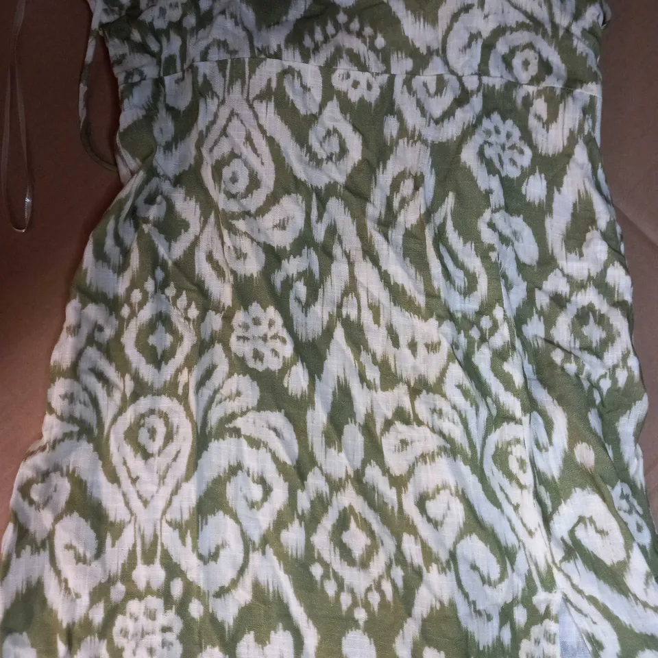 ZARA GREEN/WHITE LINEN STYLE SPLIT MIDI DRESS - MEDIUM
