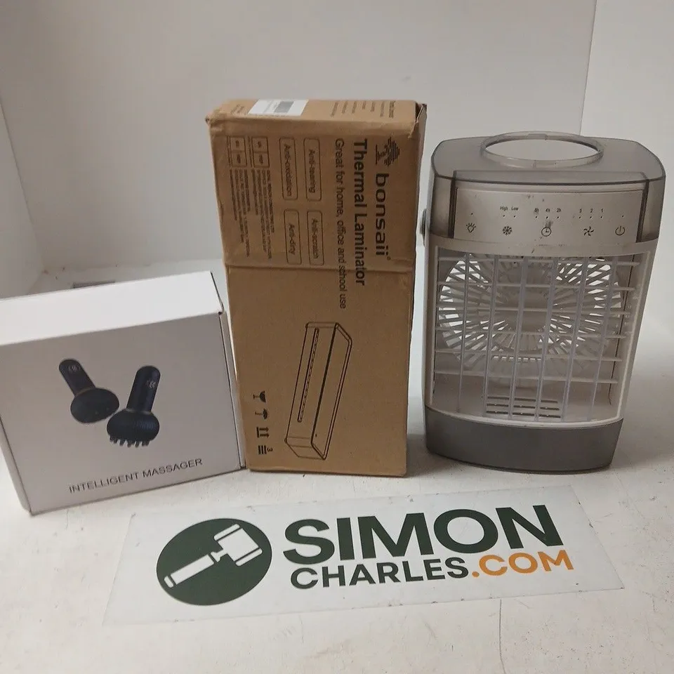APPROXIMATELY 12 ASSORTED ELECTRICAL ITEMS TO INCLUDE INTELLIGENT MASSAGER, BONSAII LAMINATOR, COOLING FAN, ETC - COLLECTION ONLY 
