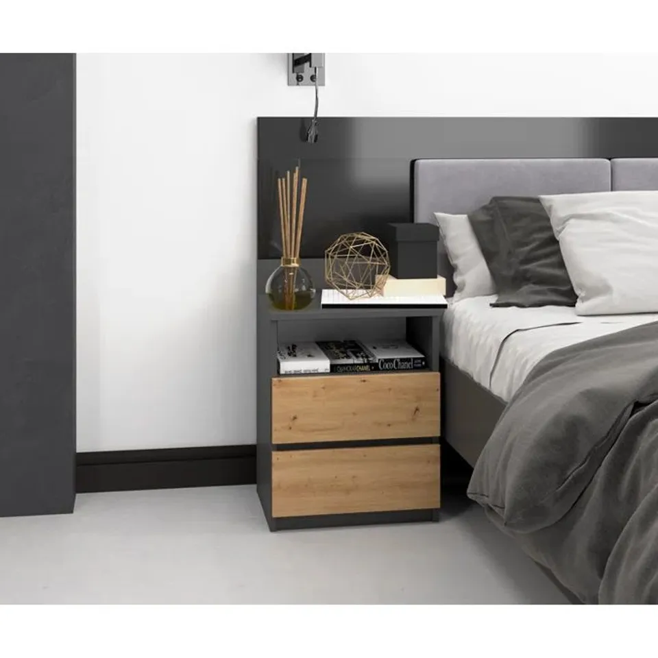 BOXED 17 stories MODERN 2-DRAWER DRESSER WITH OPEN SHELF: COMPACT BEDROOM STORAGE 40cm W, 59cm H, 32cm D (1 BOX)
