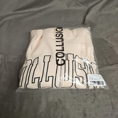 COLLUSION UNISEX VARSITY EMBROIDERED ZIP THROUGH HOODIE IN ECRU SIZE XS