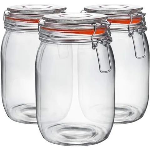 BOXED NEO PACK OF 3 CANISTERS TABLEWARE SCANDI GLASS STORAGE JARS WITH AIRTIGHT SILICONE SEAL METAL CLIP TOP LIDS