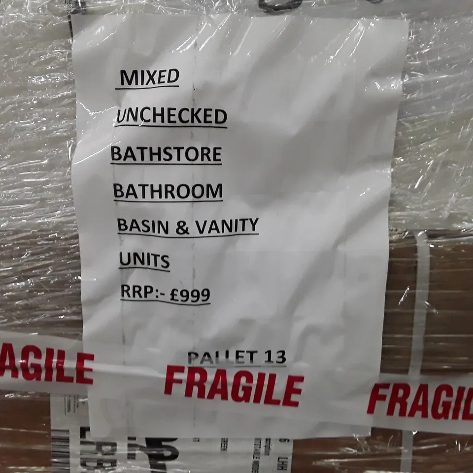 PALLET OF ASSORTED MIXED UNCHECKED BATHROOM BASIN & VANITY UNITS/PARTS
